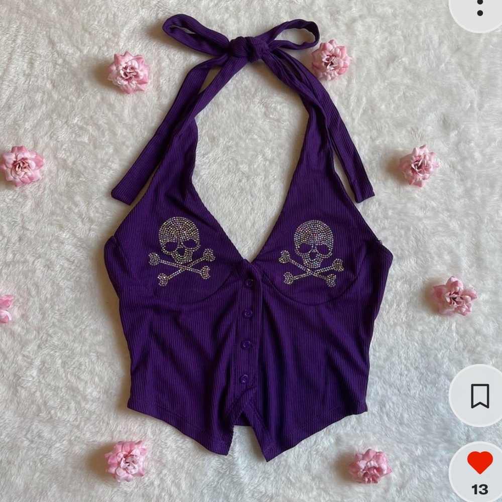 y2k purple button up rhinestone skull halter top